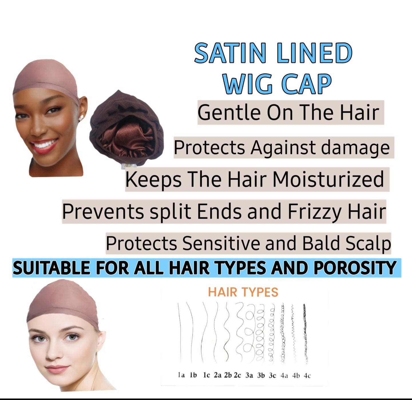 Satin lined wig cap/ wig cap with satin/ cap for moisture( Brown)